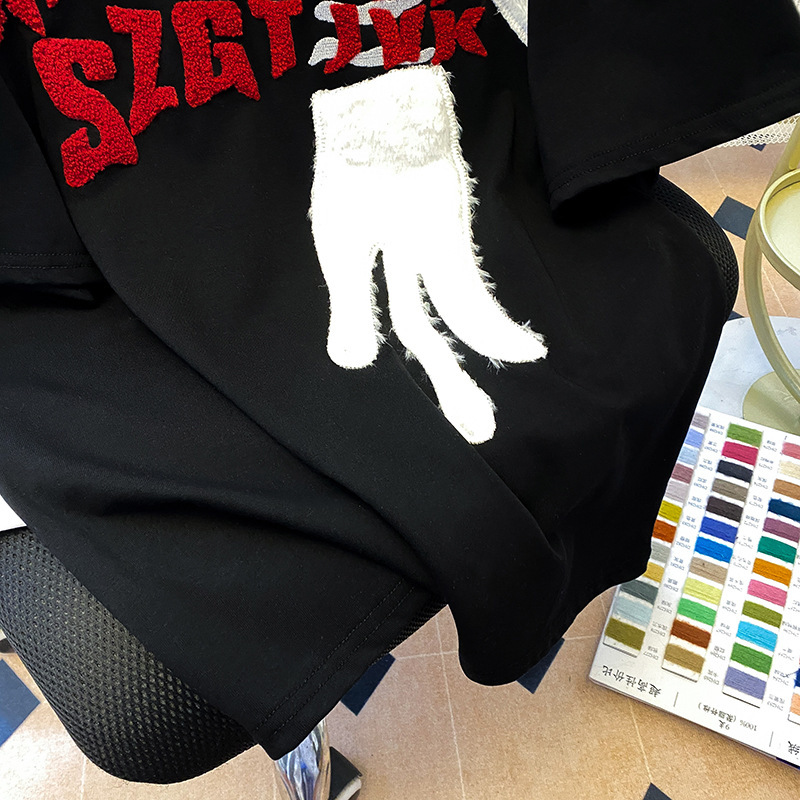 デザインニッチヘビーウェイトファッション刺繍半袖Tシャツ女性用2025新しい夏のルーズ半袖ショルダートップ|undefined