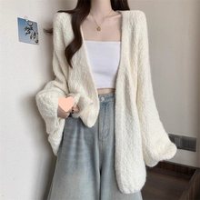 2025新款树皮纹新工艺泡泡袖针织开衫女秋春夏慵懒风宽松毛衣外套