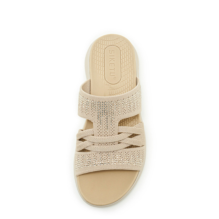 Dép sandal nữ xỏ ngón đế bệt đính đá lấp lánh — màu nâu, màu đen, xanh lam, màu mơ chi tiết 36