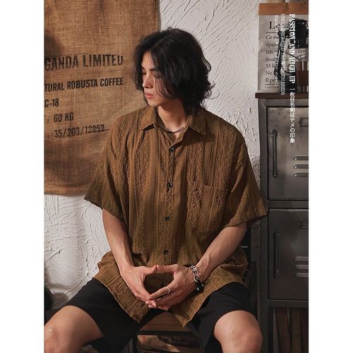 Japanese retro niche design sense hollow short-sleeve shirt for men, summer ethnic style casual cool handsome loose top trendy