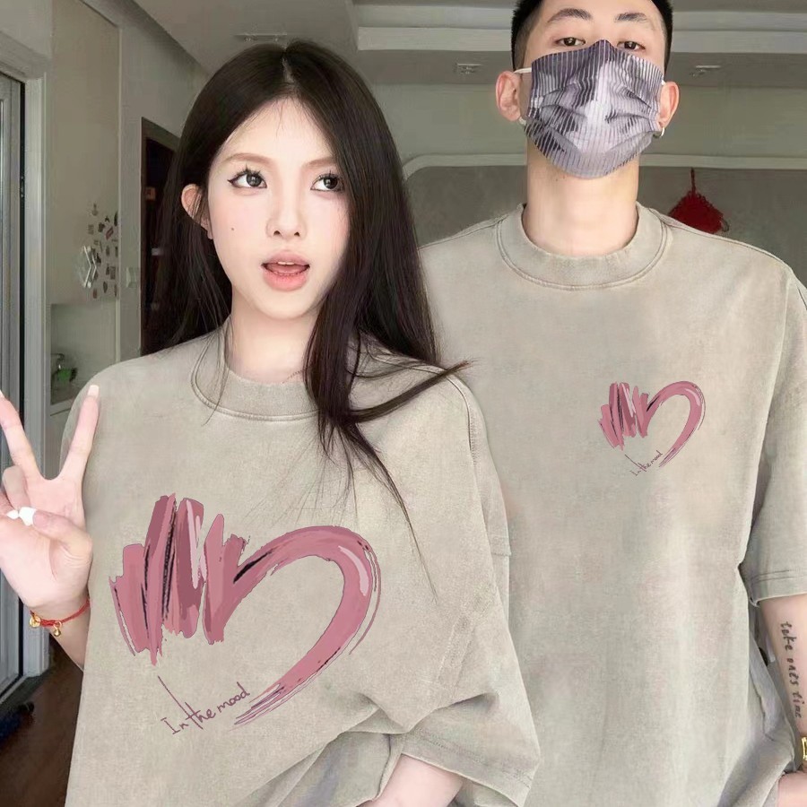 琅琊两件！半桃心美式情侣装情侣t恤一男一女夏天款情侣t恤圆领棉