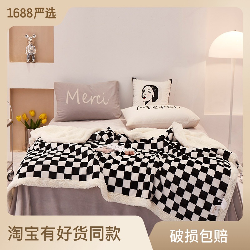 2024 autumn and winter double-layer thickened lamb velvet blanket pure plain checkerboard office nap small fur blanket leisure
