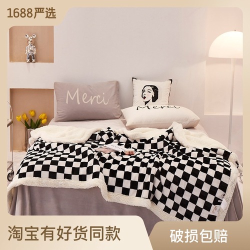2024 autumn and winter double-layer thickened lamb velvet blanket pure plain checkerboard office nap small fur blanket leisure