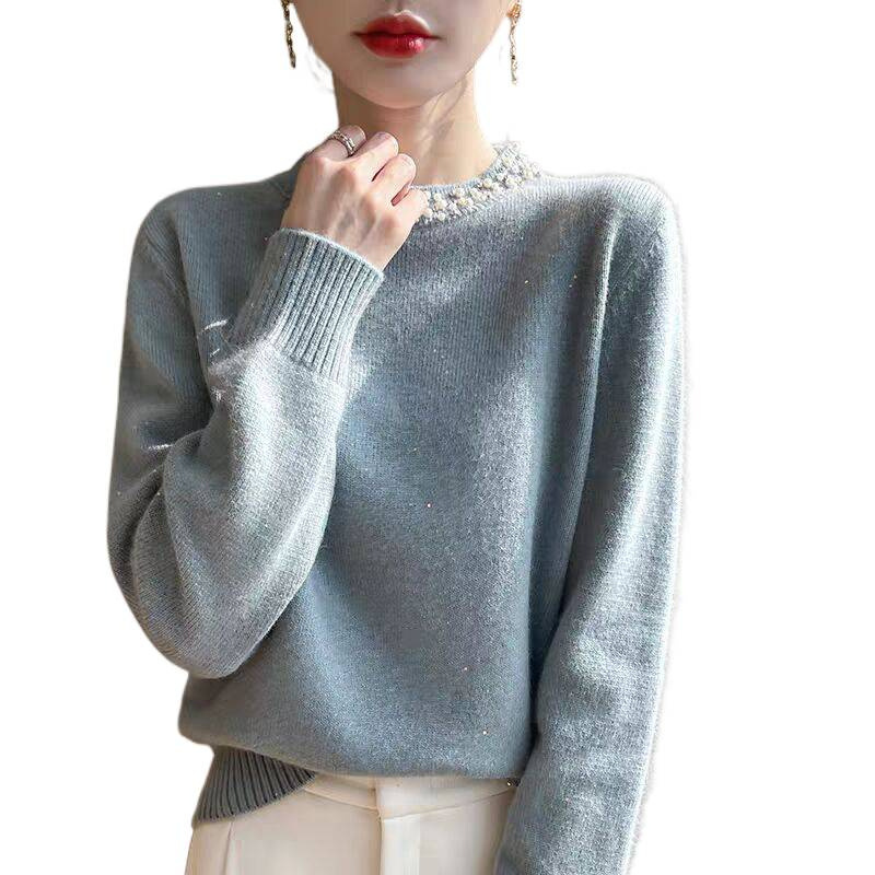 Suelta, camisa de base de cuentas de clavos de sequillas para mujeres 2025, nuevo estilo de otoño y invierno, suéter de punto de mujer grande