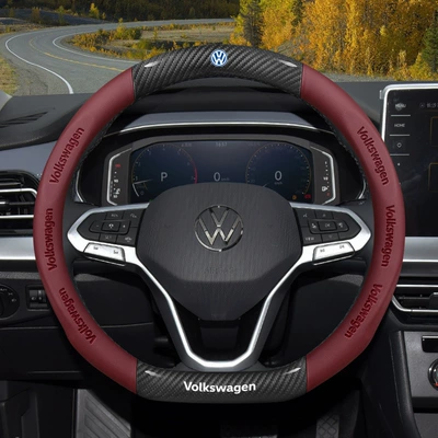Volkswagen Sagitar Steering Wheel Cover Steering wheel cover - type-d-carbon-fiber-pattern-nappa-leather-wine-red-default