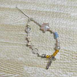 藕粉星星银蝴蝶结吊坠手机链diy串珠挂链ccd相机挂饰手机通用挂件