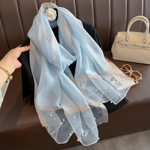  Autumn and Winter New Model Simulated Silk Scarf Women's Butterfly Embroidered Beading Fashion Scarf Warm and Cold-proof Shawl Thin Style