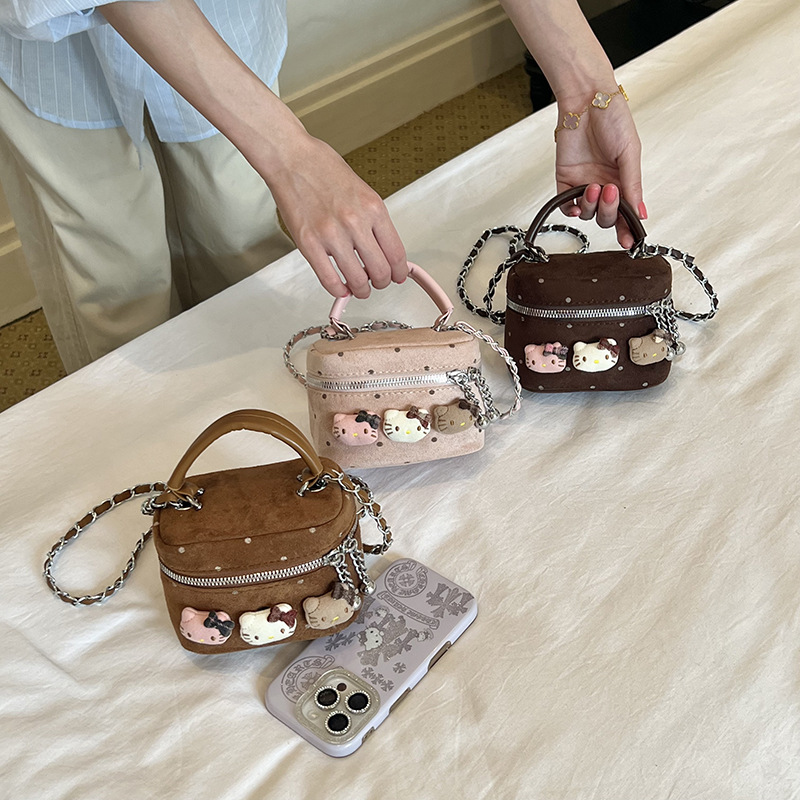 New Korean-style polka dot kitten retro frosted leather children's and parent-child lunch box crossbody handbag for women