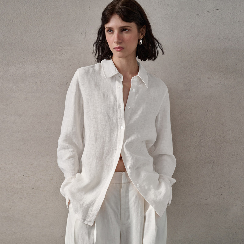 【Jomi】100% Pure Linen Shirt for Women, Spring and Autumn Loose-Fitting Shirt, High-End Linen Breathable Top, White, Relaxed Style