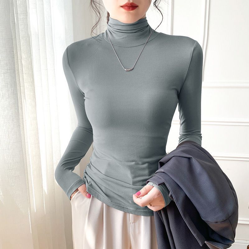 Iron Gray Slimming Look Modal High-Neck Bottoming Shirt for Women, Autumn and Winter 2025 New Pile Collar Top Long-Sleeved T-Shirt