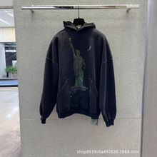 23SS B家高品质新款水洗破坏自由女神宽松连帽卫衣男女同款