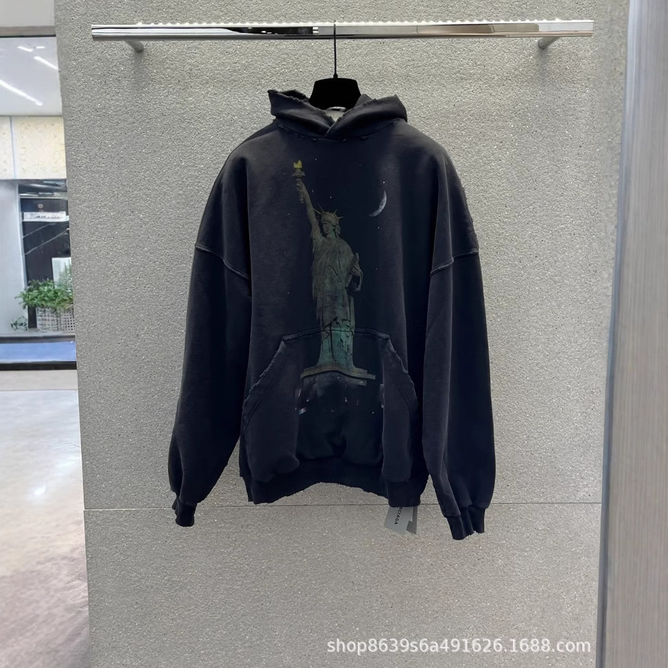 23SS B家高品质新款水洗破坏自由女神宽松连帽卫衣男女同款