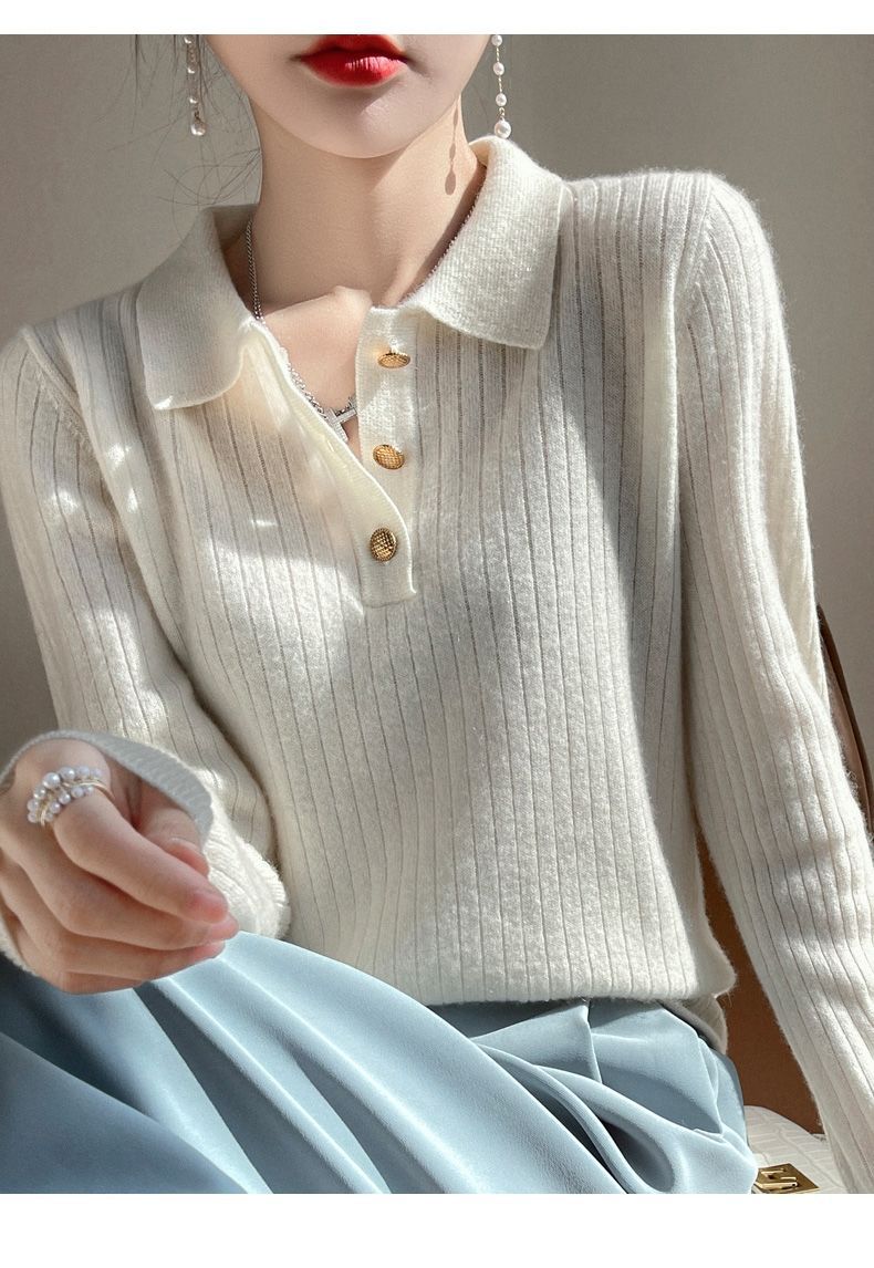 【 Cashmere Family】 Maglione corto in lana con collo polo, stile femminile, con strato interno lavorato a maglia, autunno/inverno_voghion.com