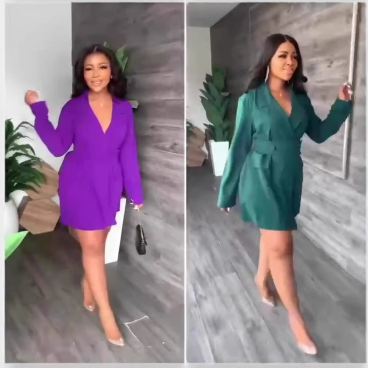 Cross-Border European and American Pure Color Long-Sleeved Lapel Suit Dress Sexy V Neck Waist Cardigan High-End Suit Jacket