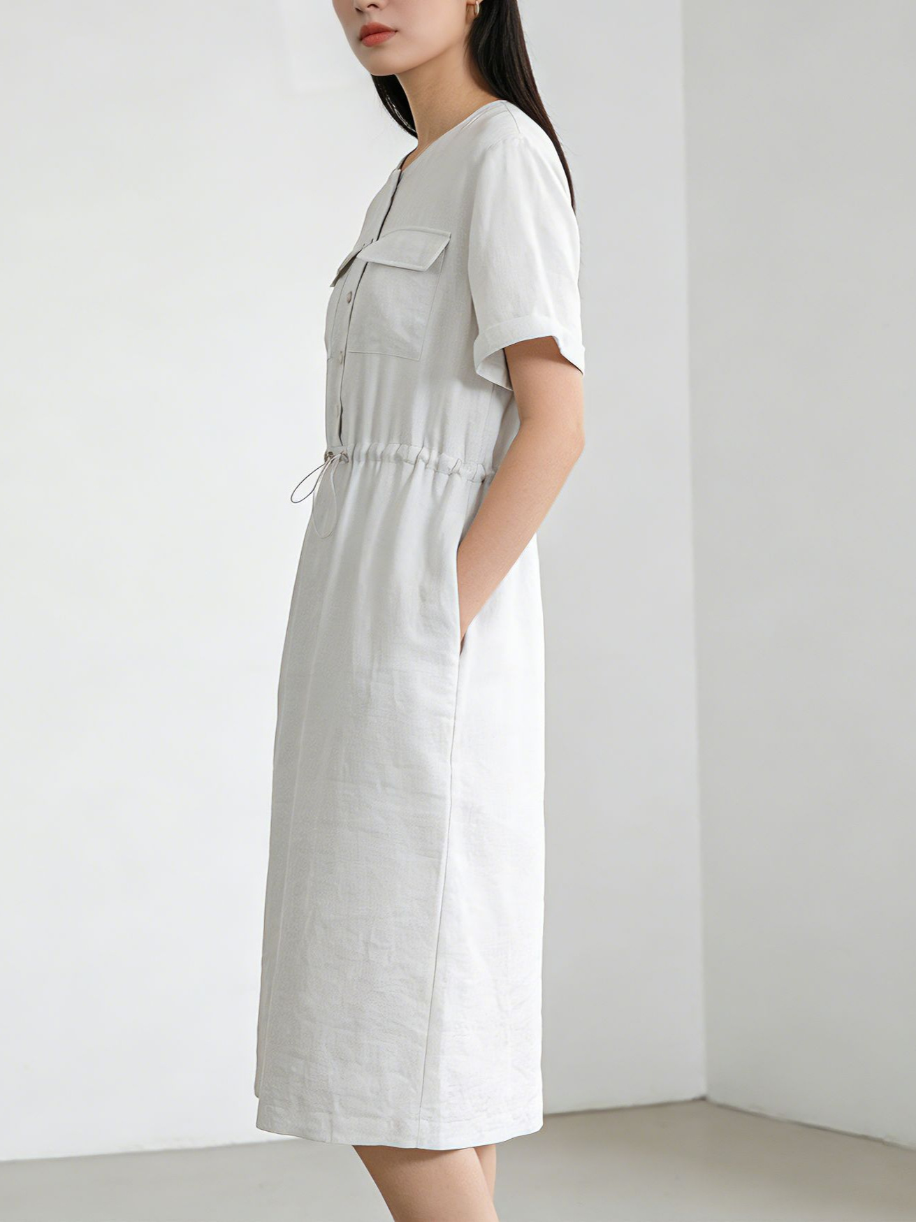Đầm maxi nữ linen dáng rộng eo rút dây, thiết kế cắt may 3D — màu ô liu xanh