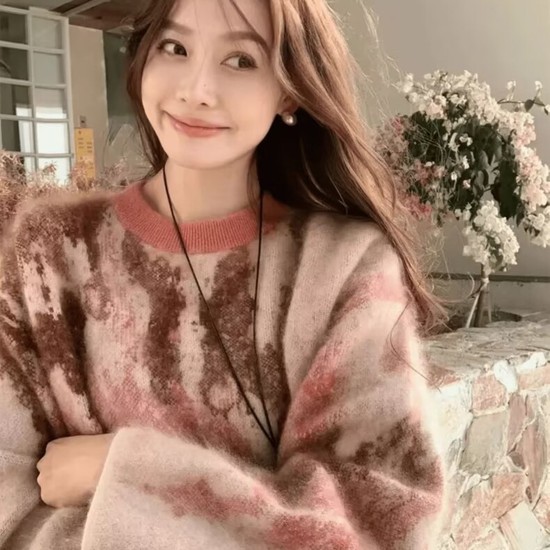 山羊绒拉绒提花羊毛拉毛毛衣 加厚套头羊绒针织衫女25秋冬G092710