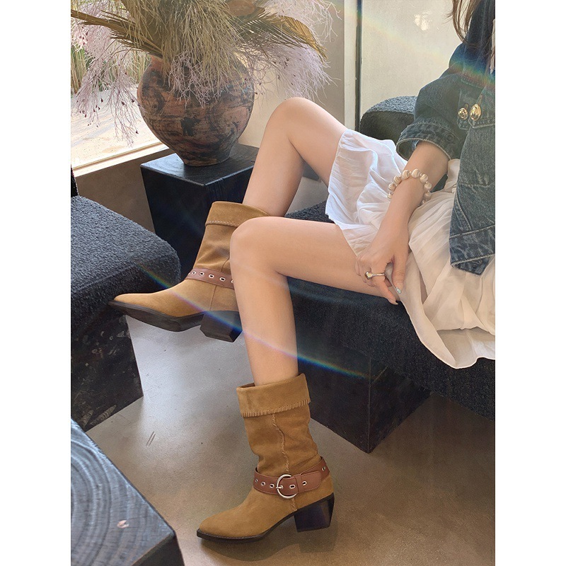牛皮~葡萄妈同款敦煌堆堆靴5cm粗跟扣带西部牛仔骑士短靴女沙漠靴|undefined