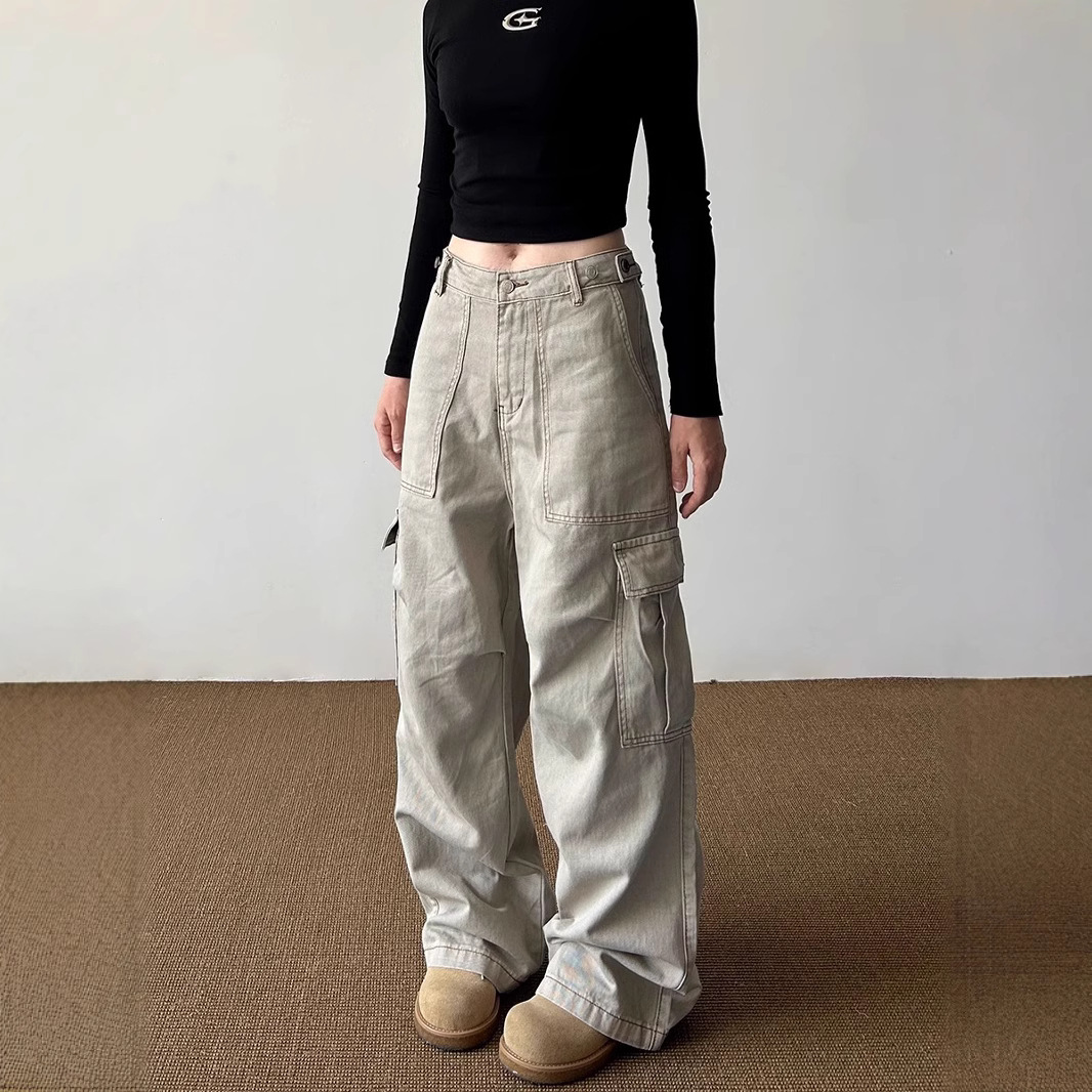 plus size American Style Retro Design Sense Large Pocket Cargo Pants Women's Design Sense Street Loose All-match Straight Pants Trendy