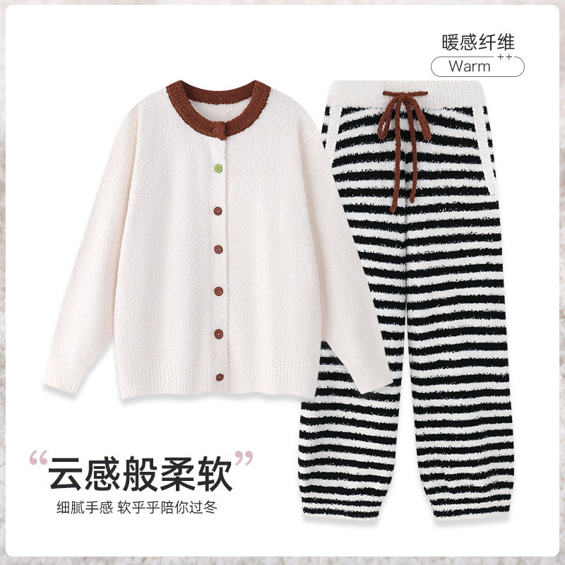 韩版条纹半边绒睡衣女冬季新款加绒加厚毛绒保暖家居服大码套装