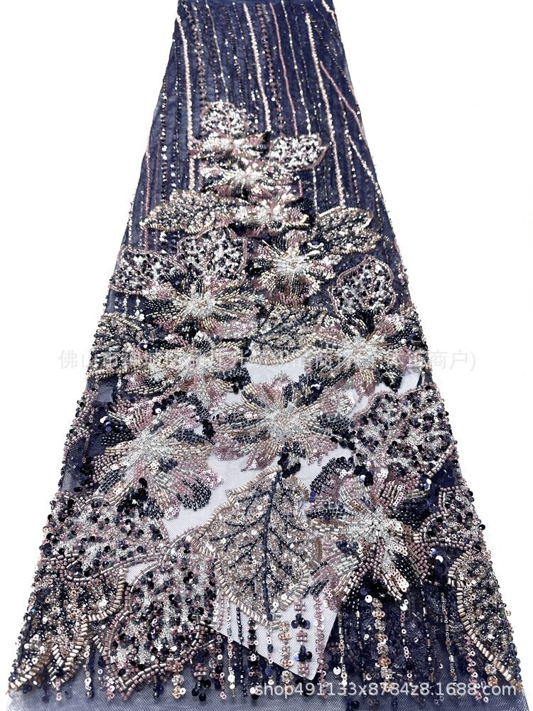 Flores tridimensionales hoja de clavos de cuentas bordadas tela de vestido de boda fabricantes de diseño de cuentas de diseño de tela de bordado de tubería pesada image 10