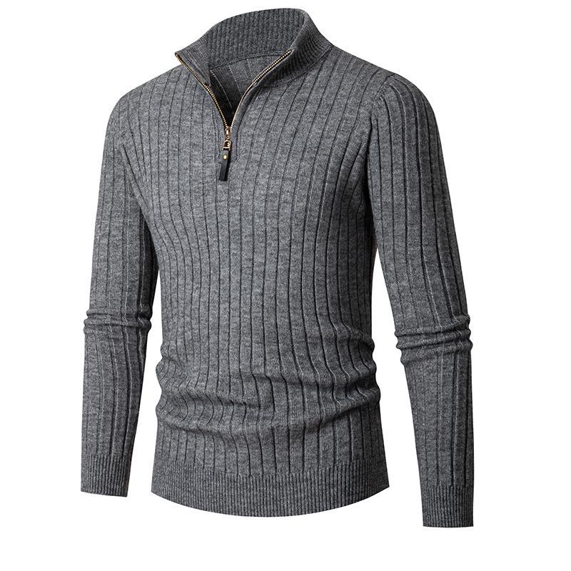 Maglione maglione lavorato a maglia da uomo di mezza età e giovane con mezza cerniera Maglione con fondo a righe verticali di tendenza europea_voghion.com