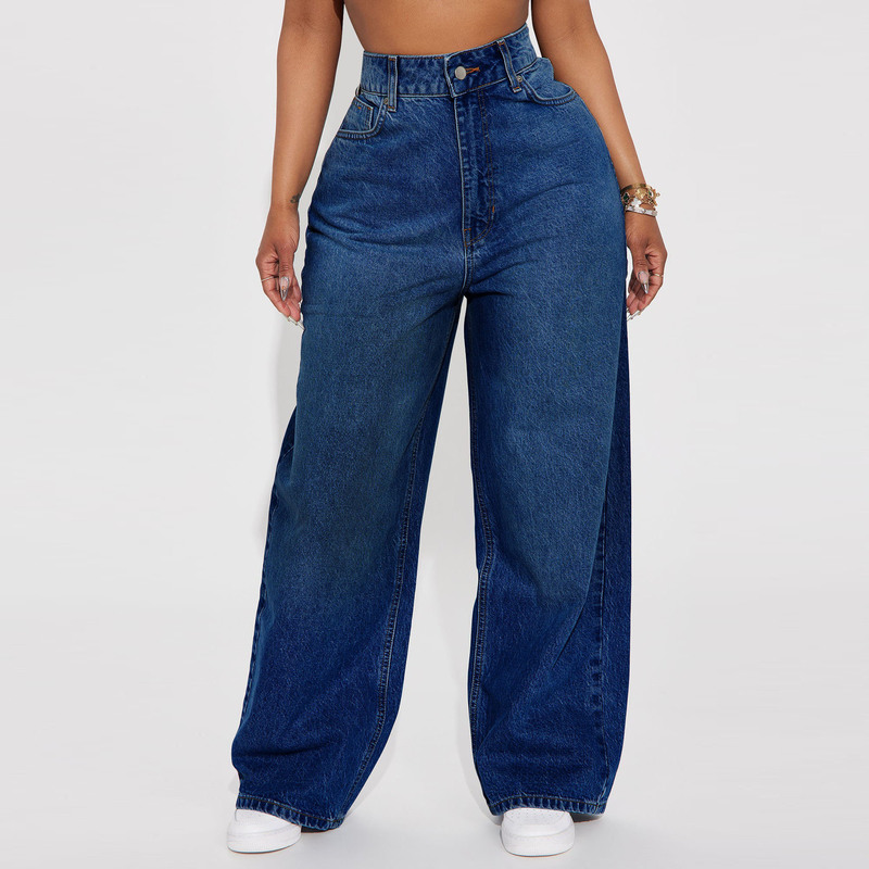 European and American Style High-Waisted Dark Blue Wide-Leg Floor-Length Jeans for Women, Korean Version, Loose and Slimming Wide-Leg Trendy Women's Pants