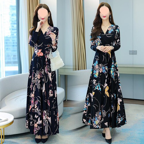 Spring and autumn long-sleeved women's dress V-neck printed slimming fashionable temperament middle-aged and old mother women's dress