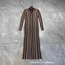 深圳南油金属风撞色条纹V领长袖连衣裙外贸爆款针织裙长裙熟女风
