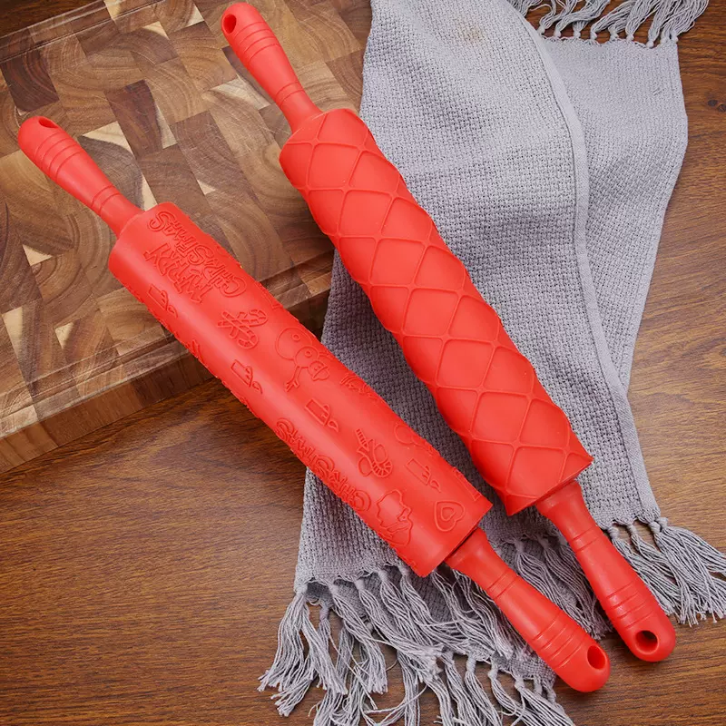 翻糖烘焙蛋糕压花擀面杖圣诞印花硅胶模擀面棍糖皮滚花棒10寸