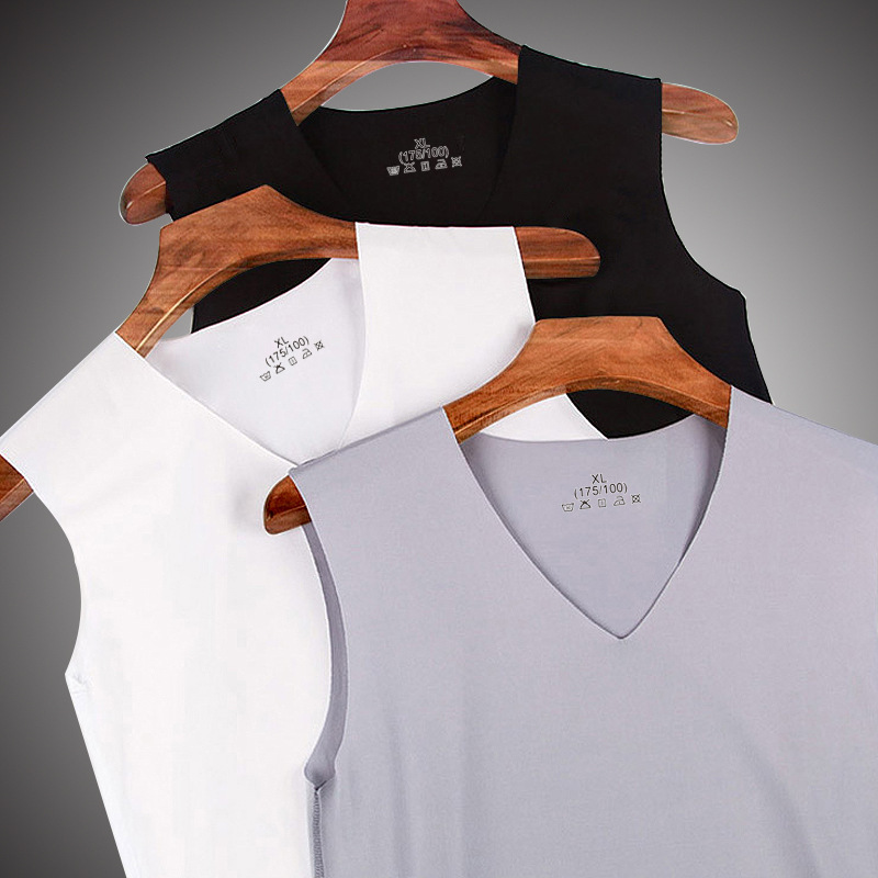 Summer Men's Seamless Wide-Shoulder V-Neck Slim-Fit Solid Color Ice Silk Vest Youth Undershirt with a Cooling Feel Summer Men's Seamless Wide-Shoulder V-Neck Slim-Fit Solid Color Ice Silk Vest Youth Undershirt with a Cooling Feel