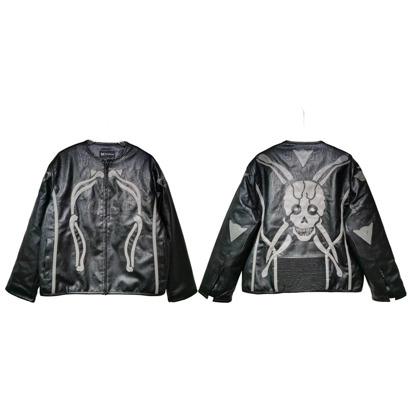 Cross-Border American Fashion Dark Street Style Yohji Bone Embroidery Collarless Pu Leather Jacket Street Fashion Brand Outerwear Cross-Border American Fashion Dark Street Style Yohji Bone Embroidery Collarless Pu Leather Jacket Street Fashion Brand Outerwear
