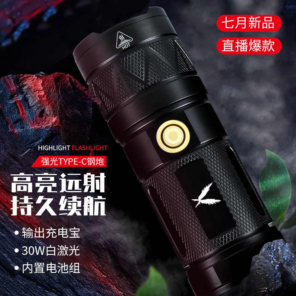 Tiktok caliente pequeña pistola de acero linterna banco de potencia de salida pantalla de energía inteligente al aire libre luz fuerte tiro largo láser blanco