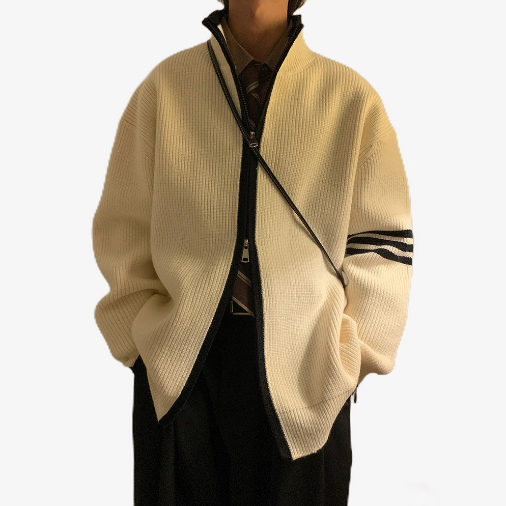 Explosiones transfronterizas de tamaño europeo de tamaño grande suéter a rayas de tres varillas de cuello masculino Cardigan chaqueta fábrica de jersey al por mayor