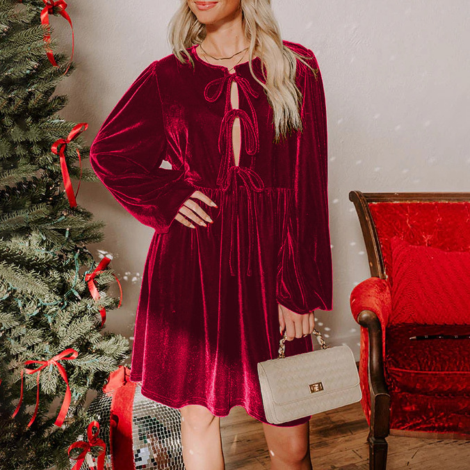 法式高级感圣诞节氛围感穿搭裙子晚会礼服绒面优雅系带镂空连衣裙