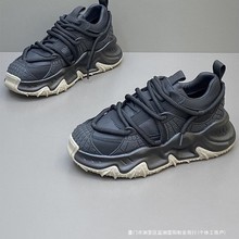 欧洲站男鞋2025秋季新款纯色皮面运动休闲鞋复古厚底增高老爹鞋子