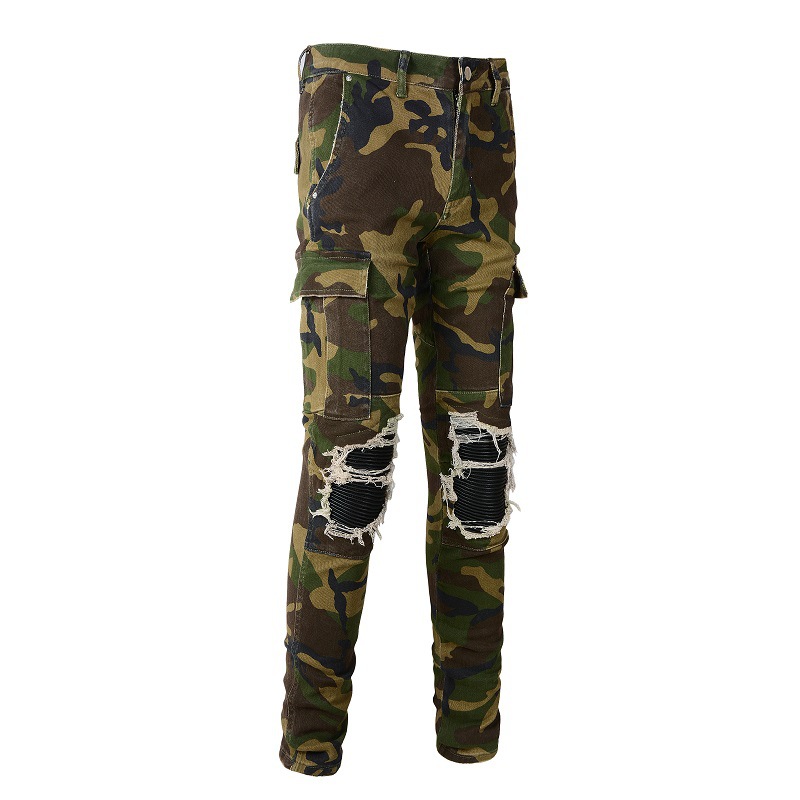Men's Clothing high street ins same style washed and distressed multi pocket style youth slim camouflage skinny pants jeans_voghion.com