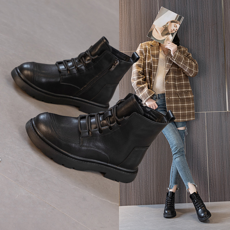 Black Genuine Leather Street Boots for Women 2024 New Autumn and Winter Fleece-Lined Large Size Women's Shoes 41 to 43 Wide Fat Short Boots