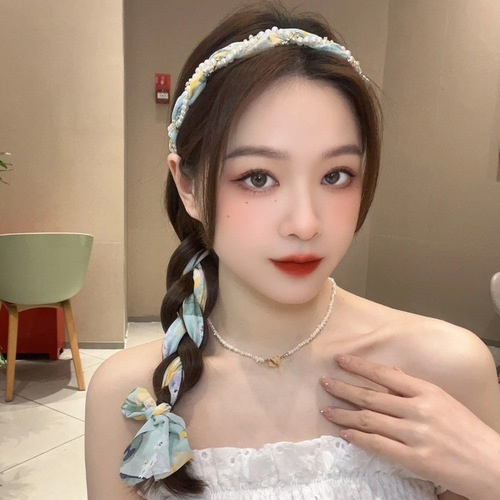 Floral headband, silk scarf, summer ribbon headband, one-piece women's daily wear, lace-up braided hair ribbon headdress