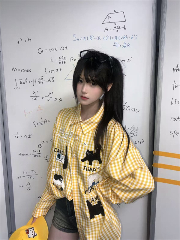美式复古格子衬衫女学院风百搭卡通黑白格子猫咪刺绣小个子衬衣潮|undefined