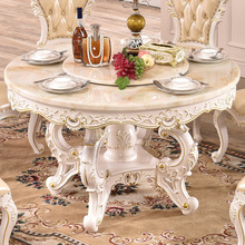 欧式大理石实木圆桌餐桌椅组合小户型家用圆形吃饭桌子带转盘