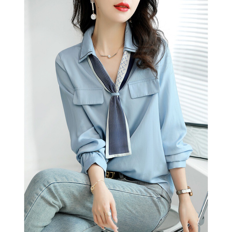 2025 New Autum Style Work Clothing Simple Polo Collar V-Shaped Silk Scarf Fashionable Loose Elegant Shirt
