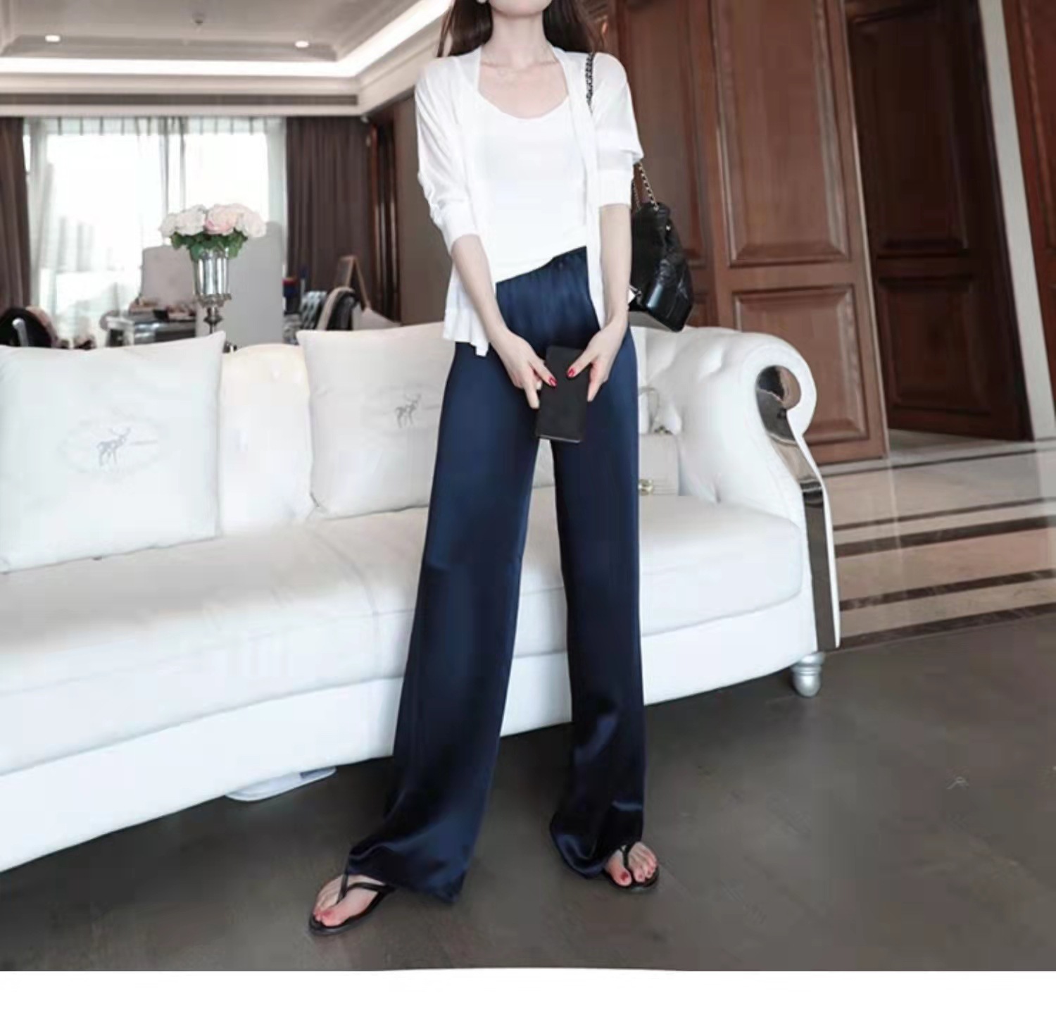 Quần âu nữ ống rộng chất liệu acetate satin cao cấp dáng xòe mùa hè — sâm panh chi tiết 6