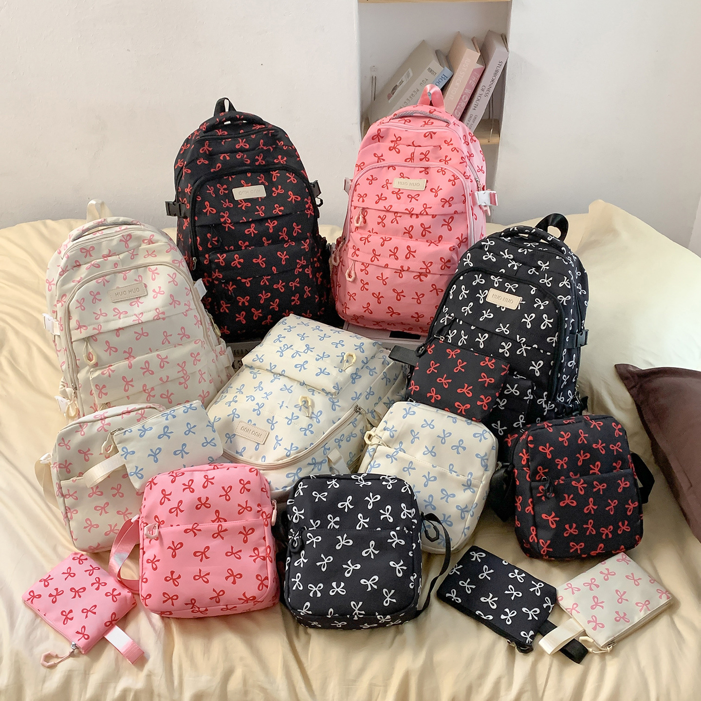 Three-Piece Bow Backpack Girly Heart College Style Floral Backpack Korean Sweet Backpack College Student Bag