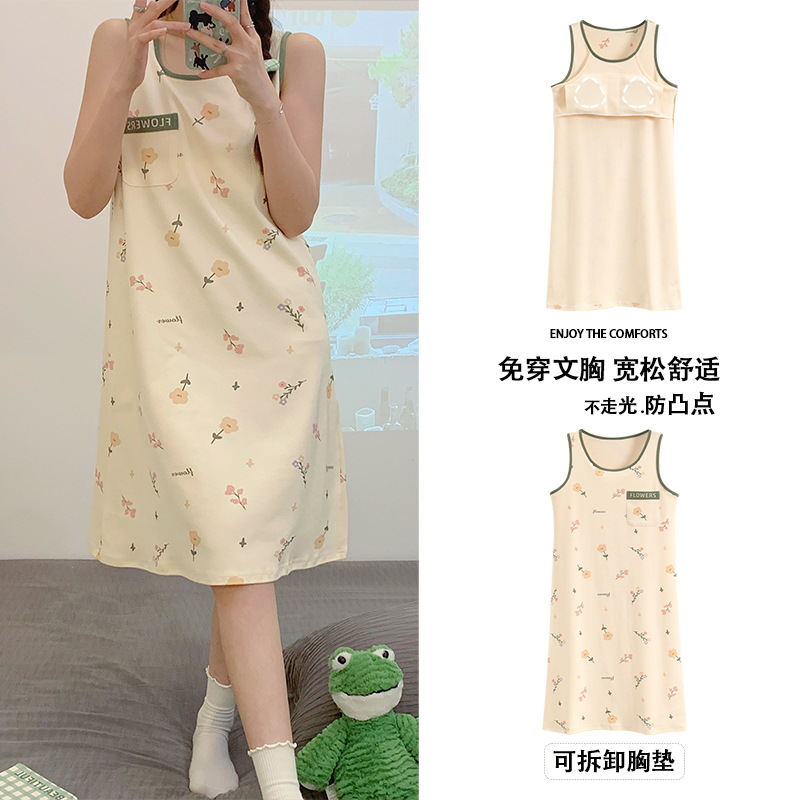 [Con almohadilla en el pecho] Camisón de algodón con almohadilla en el pecho Doble Bolsillo de algodón de verano Pijamas de mujer Ropa para el hogar Mujer