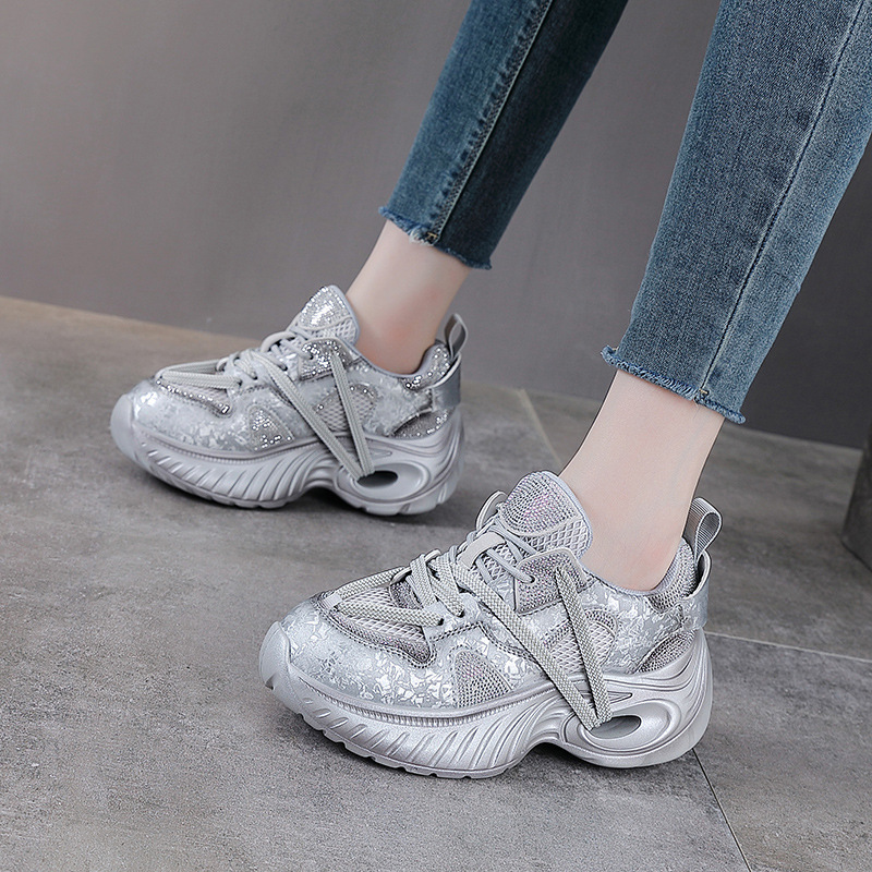 Niche Designer Rhinestone Hot Diamond Thick-Soled Dad Shoes Genuine Leather Spring and Autumn New Low-Top Sports and Casual Women's Shoes