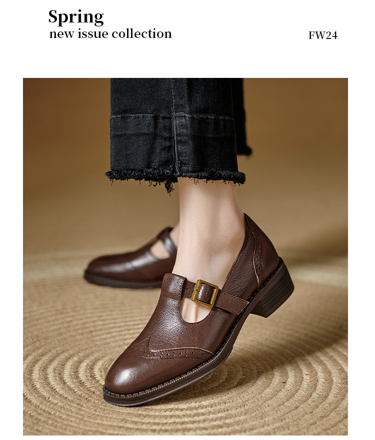 Giày Mary Jane nữ quai chữ T da bò gót dày phong cách brogue — màu nâu chi tiết 2