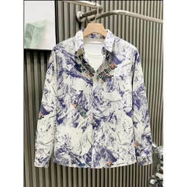 纯棉秋季新款衬衫印花男士长袖时尚百搭外套涂鸦潮流宽松休闲衬衣