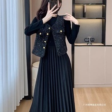 春季小香风马甲连衣裙两件套女2025春秋季新款高级感百褶长裙套装