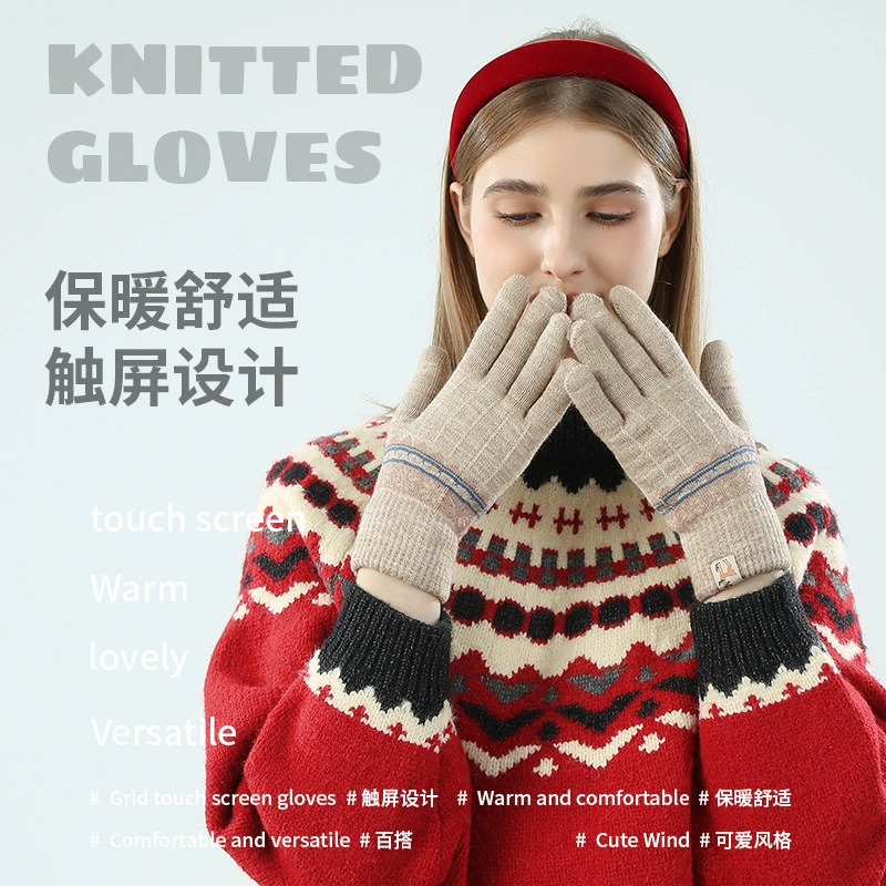 Оптовые продажи осенних и зимних теплых женских перчаток, корейского стиля, двойной слой, с флисовой подкладкой, трикотажные, сенсорные, утолщенные, для велосипедной езды