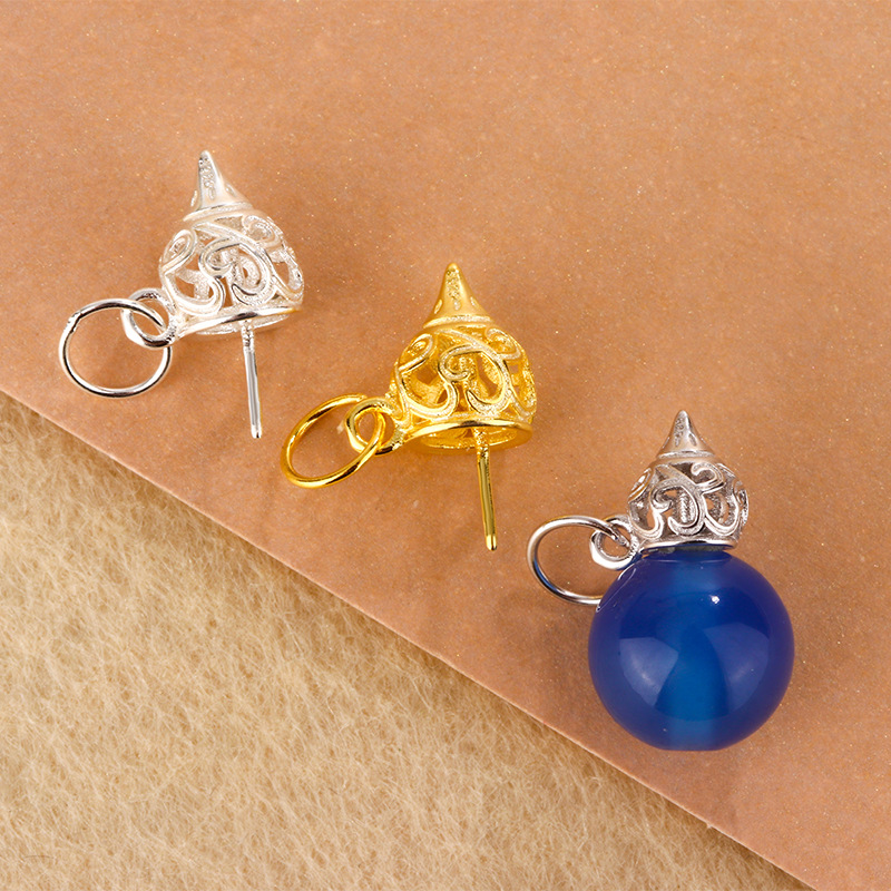 S925纯银 猫眼石蜜蜡搭新中式DIY饰品宝塔葫芦珠托配项坠粘托材料